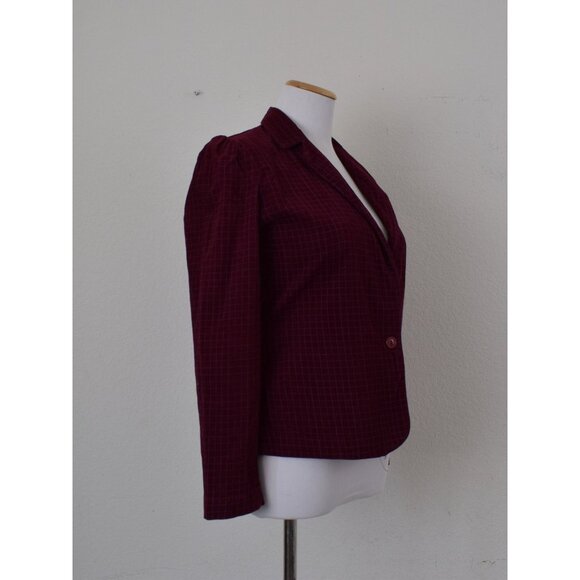 80s Vintage Burgundy Plaid Fitted Poly/Cotton Corduroy Jacket‎ - Picture 4 of 10